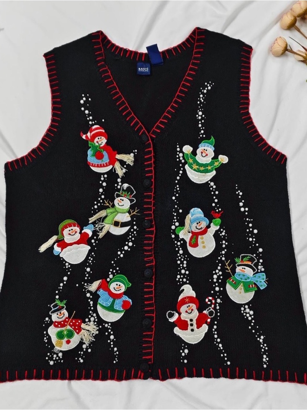 united states sweaters Black Holiday Snowman Vest with Red Trim